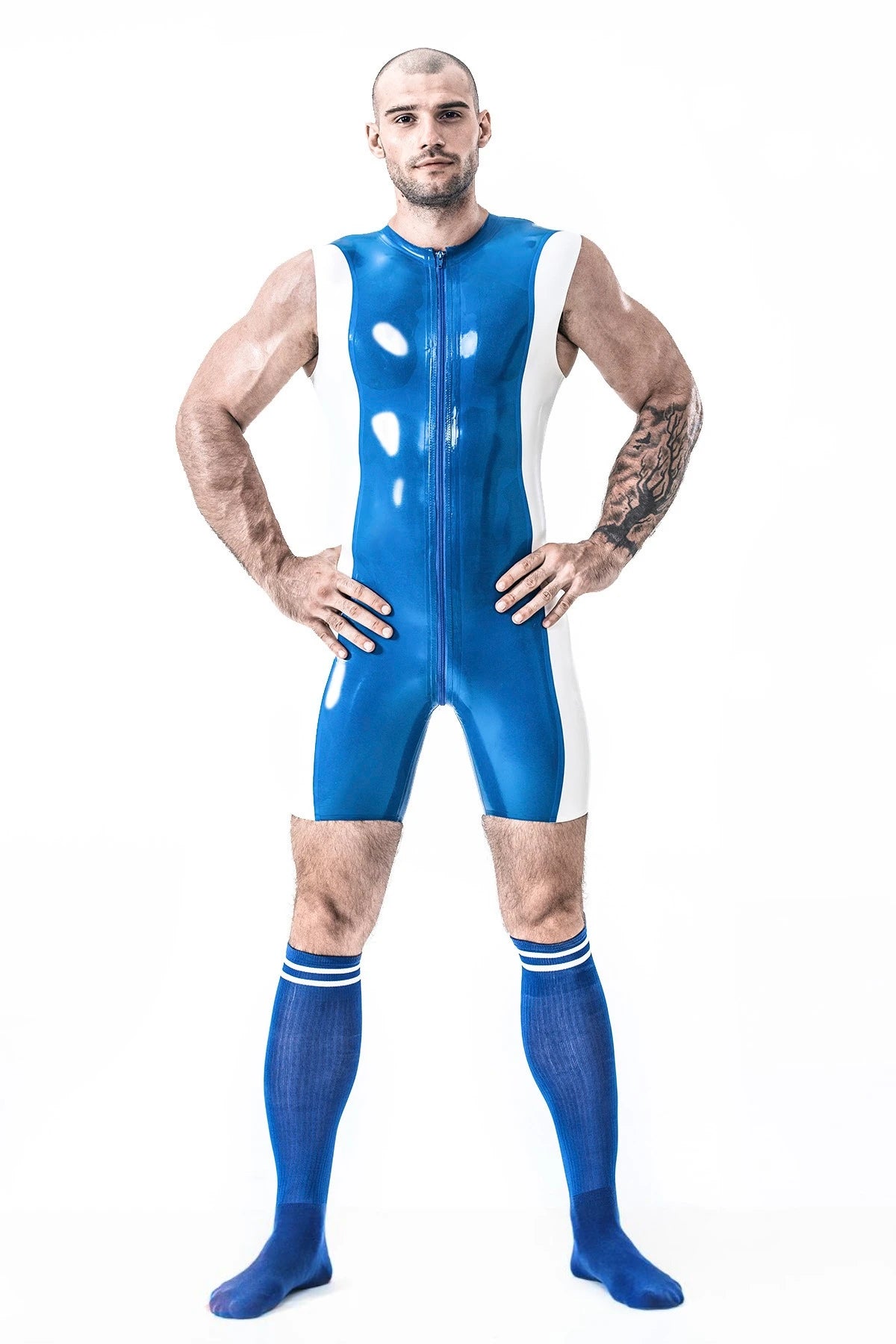 middle blue, trim color is white Male Speed Sports Latex Surfsuit