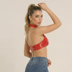 O Ring Halter Latex Crop Top in Red