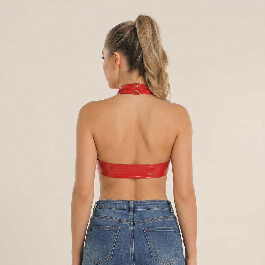 O Ring Halter Latex Crop Top in Red