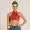 O Ring Halter Latex Crop Top in Red
