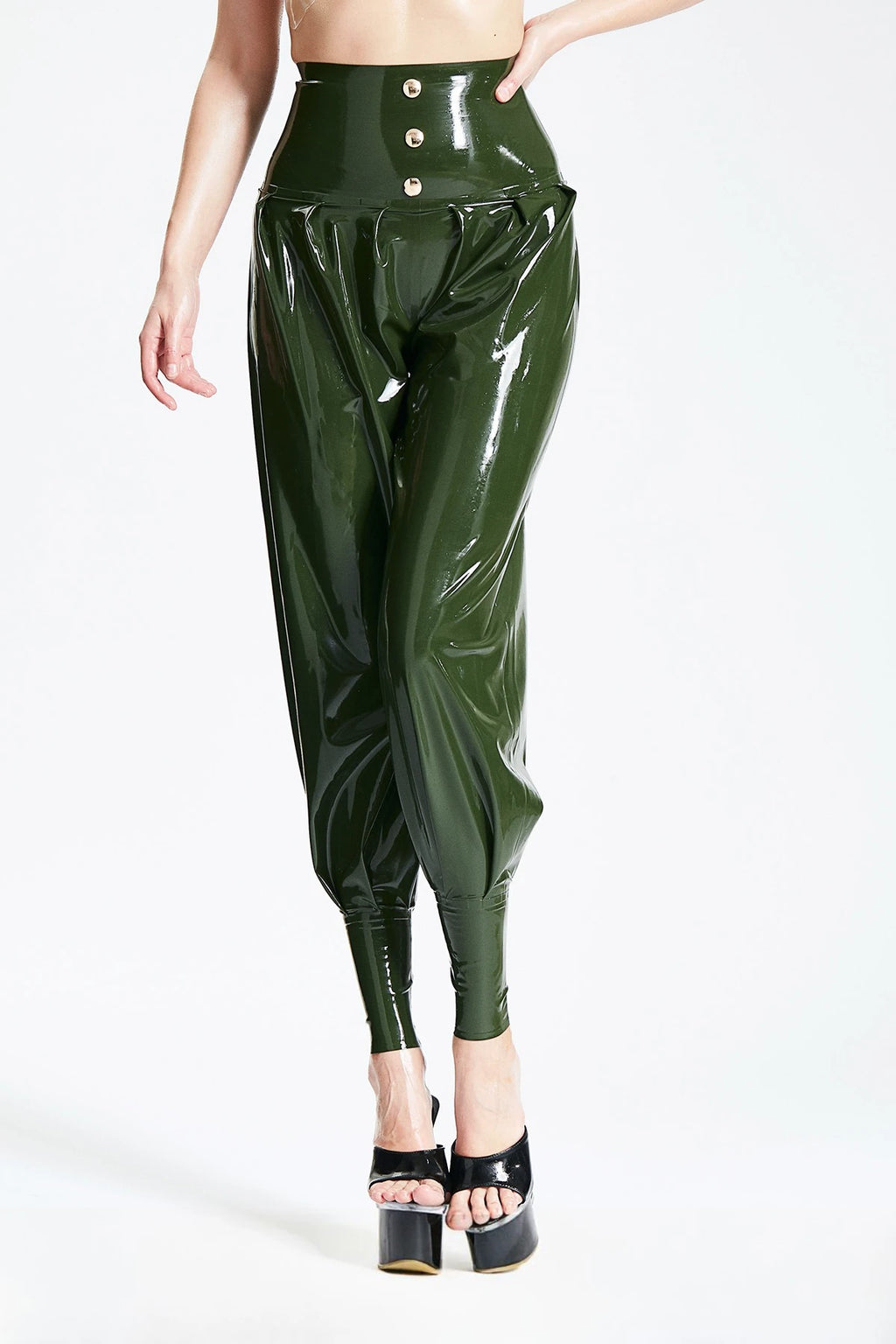 Olive Green HIgh-Waisted Harem Latex Pants
