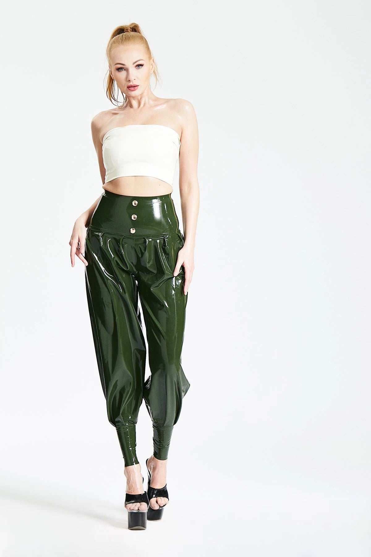 Olive Green HIgh-Waisted Harem Latex Pants