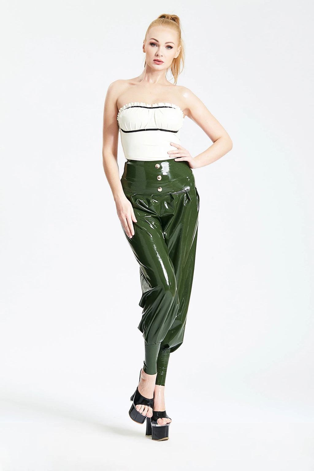 Olive Green HIgh-Waisted Harem Latex Pants