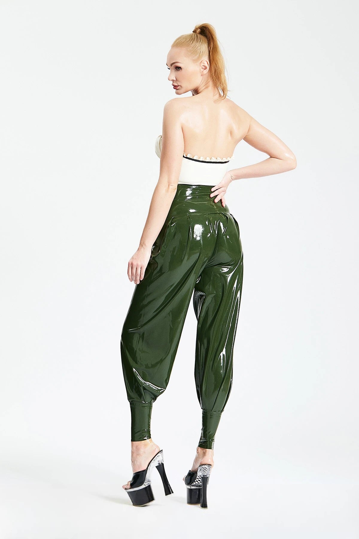 Olive Green HIgh-Waisted Harem Latex Pants