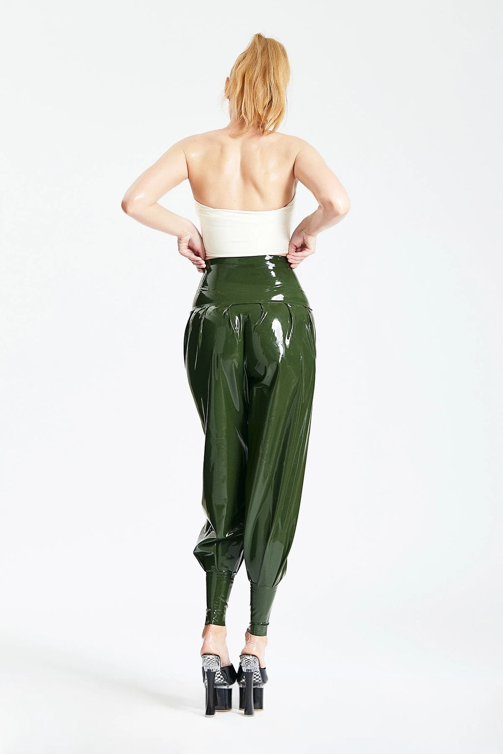 Olive Green HIgh-Waisted Harem Latex Pants