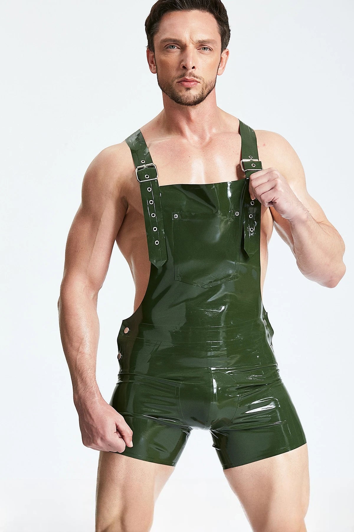 Olive Green Male Dungaree Latex Shorts