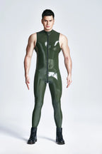 Olive Green Male Front Through-zip Sleeveless Latex Catsuit