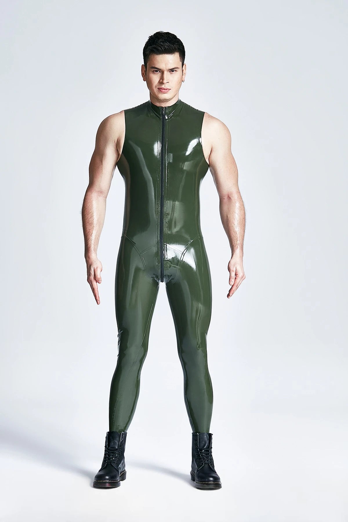 Olive Green Male Front Through-zip Sleeveless Latex Catsuit