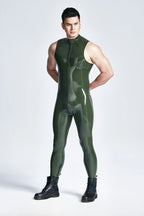 Olive Green Male Front Through-zip Sleeveless Latex Catsuit