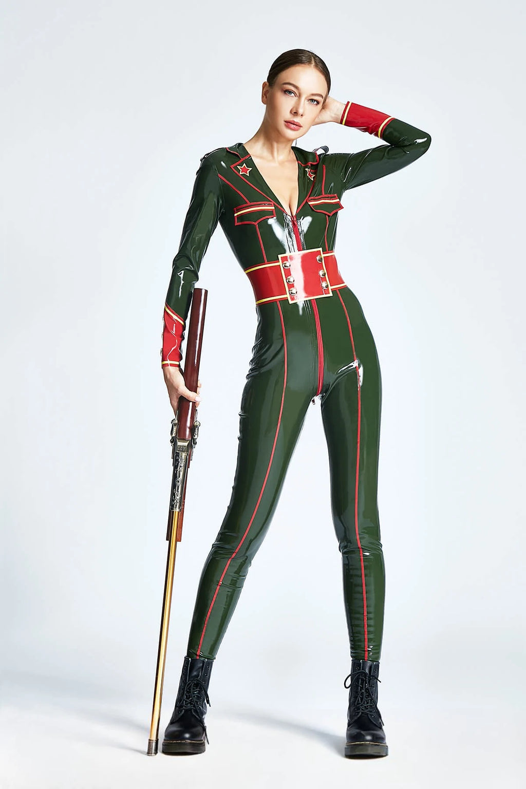 Olive Green 'Riflewoman of China' Latex Catsuit