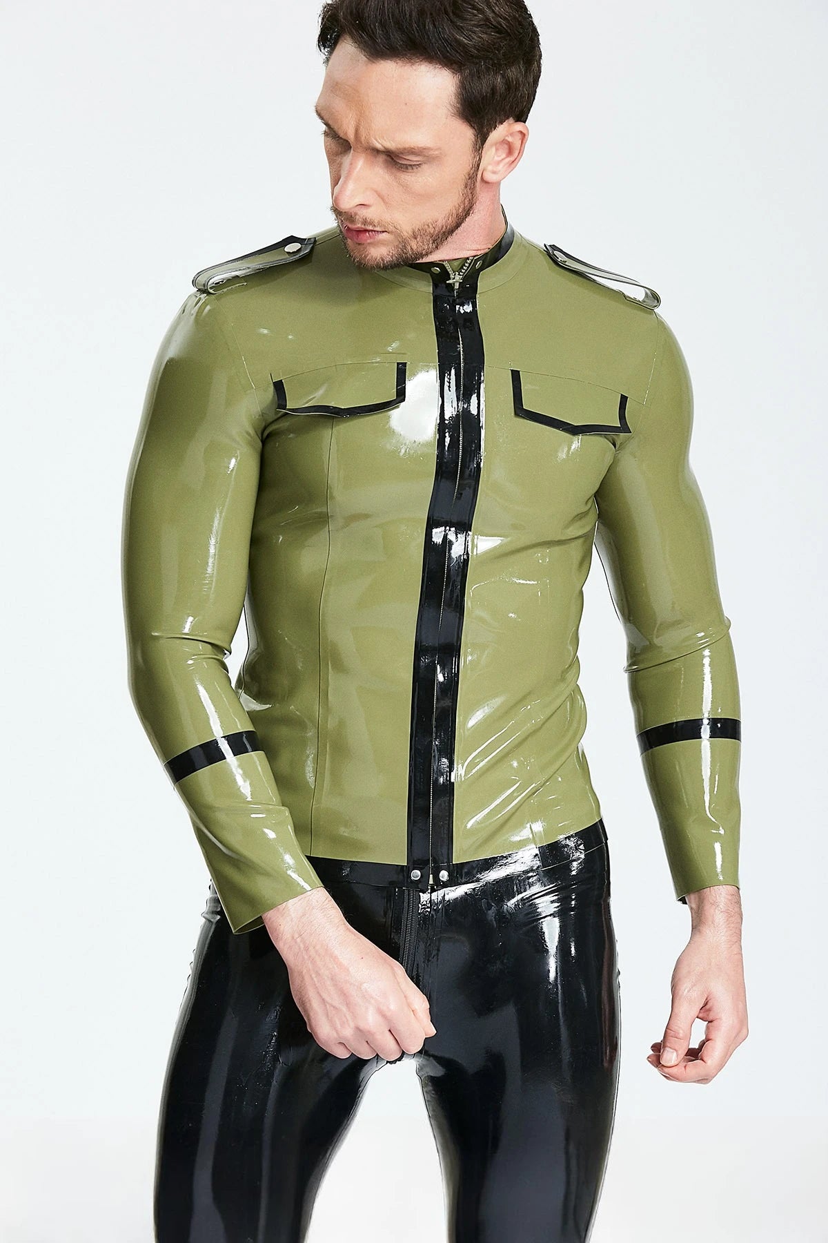 Olive Green Male 'Military Cadet' Tunic Latex Jacket