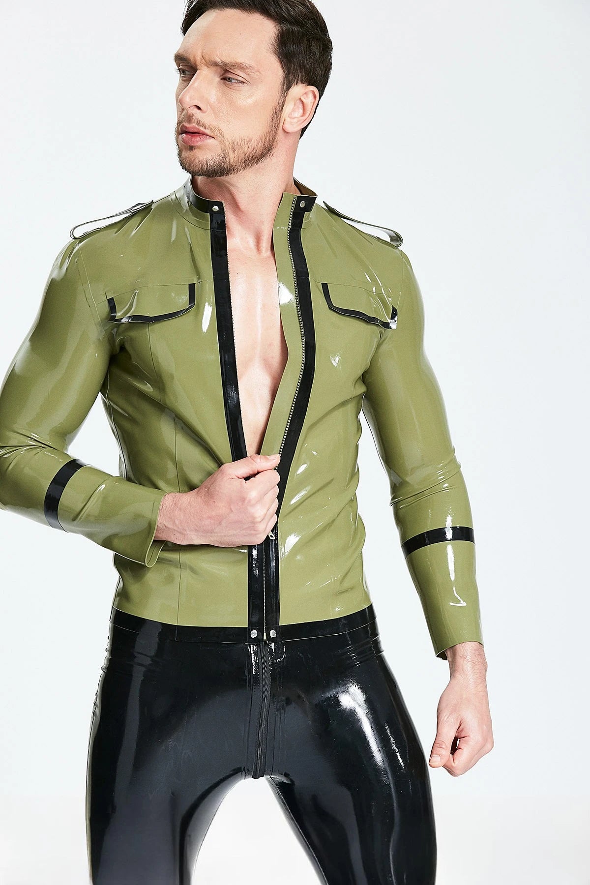 Olive Green Male 'Military Cadet' Tunic Latex Jacket