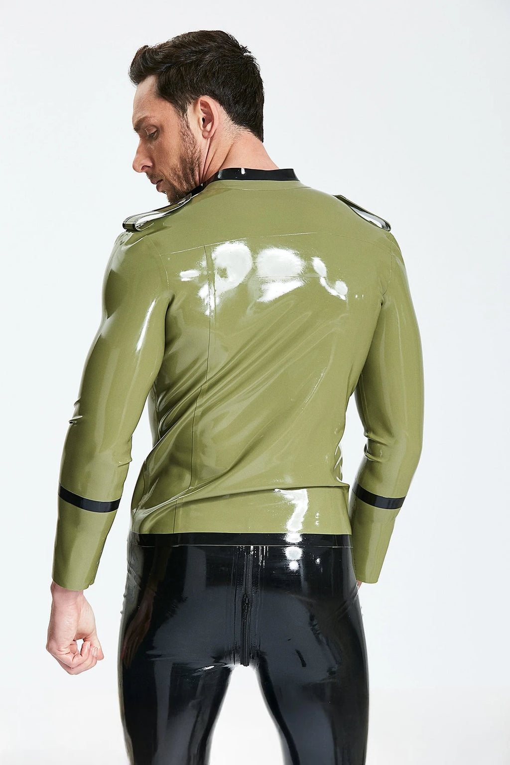 Olive Green Male 'Military Cadet' Tunic Latex Jacket