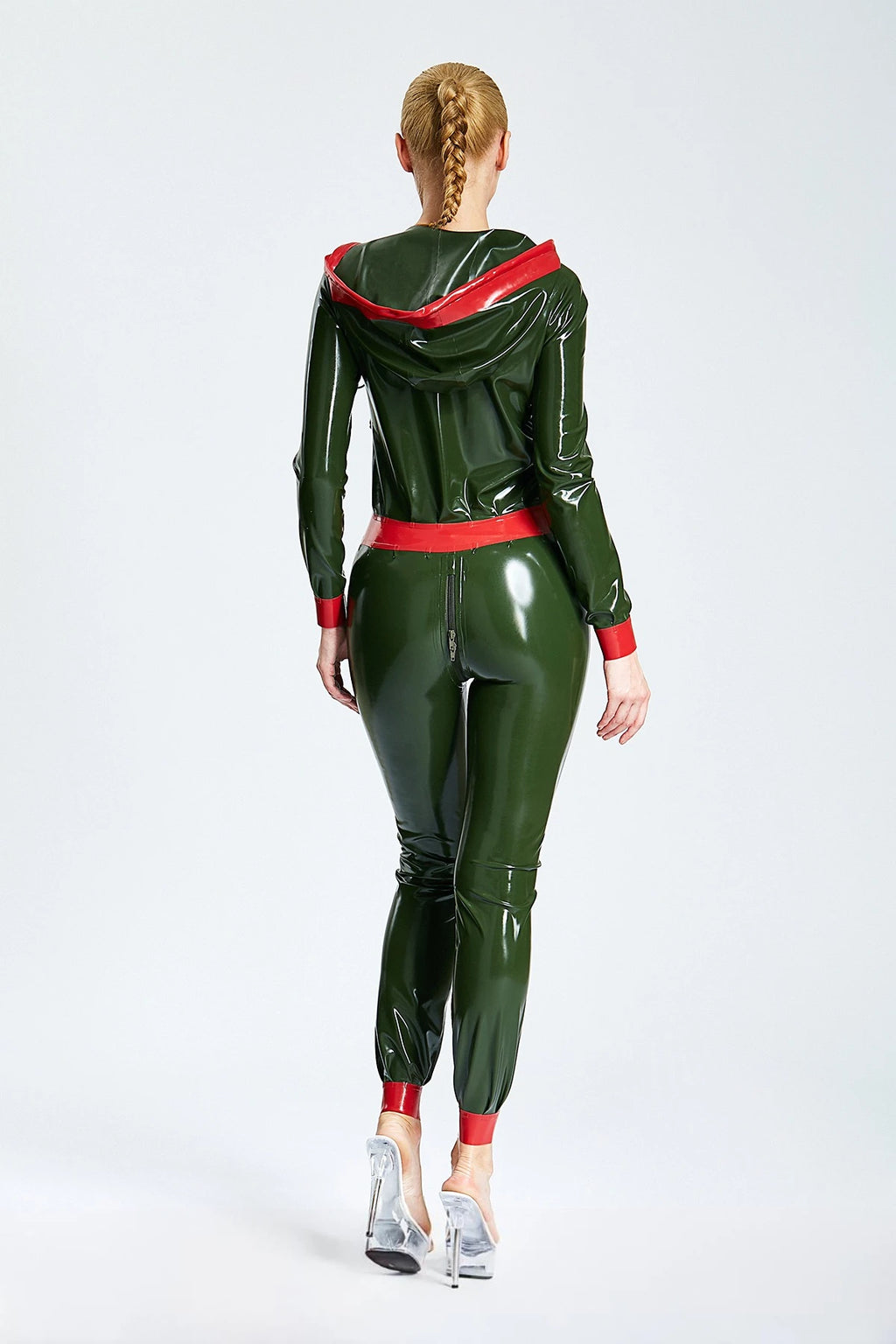 Olive Green Drawstring-Hooded Female Casual Latex Catsuit