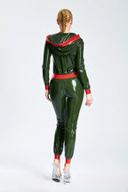 Olive Green Drawstring-Hooded Female Casual Latex Catsuit