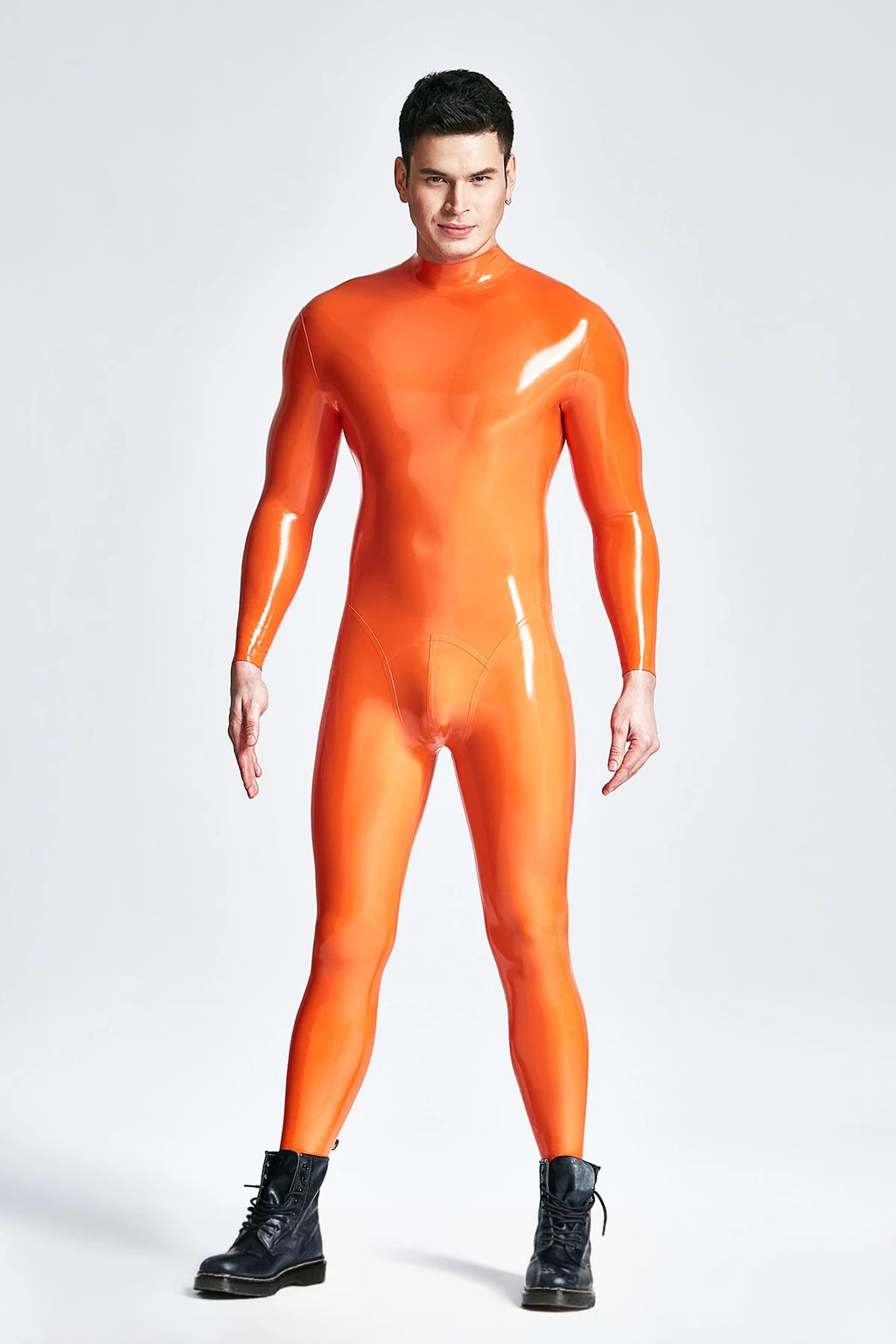 Orange  & Pink  & Metallic Gold Male Standard Back Zip Latex Catsuit