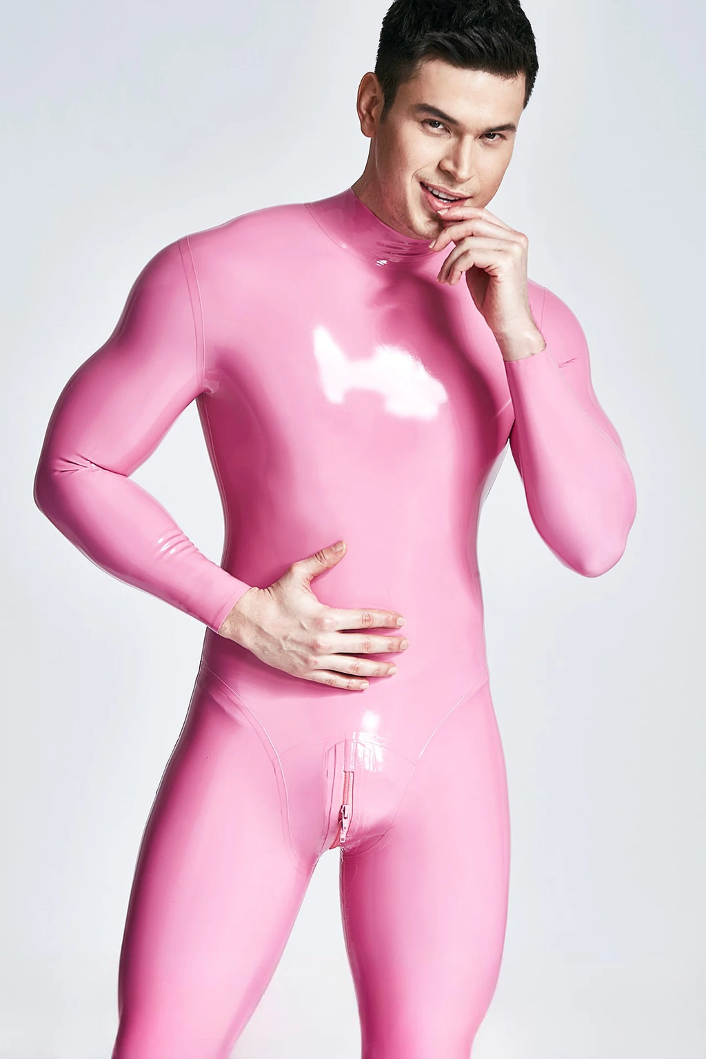 Orange  & Pink  & Metallic Gold Male Standard Back Zip Latex Catsuit