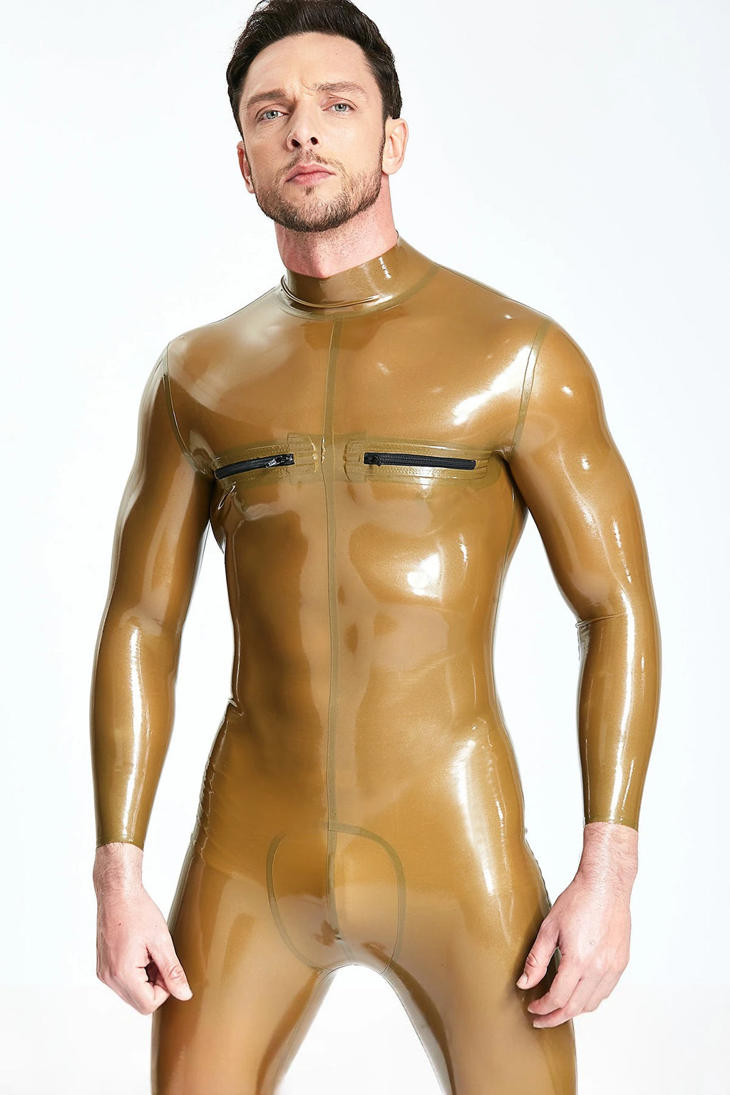 Orange  & Pink  & Metallic Gold Male Standard Back Zip Latex Catsuit
