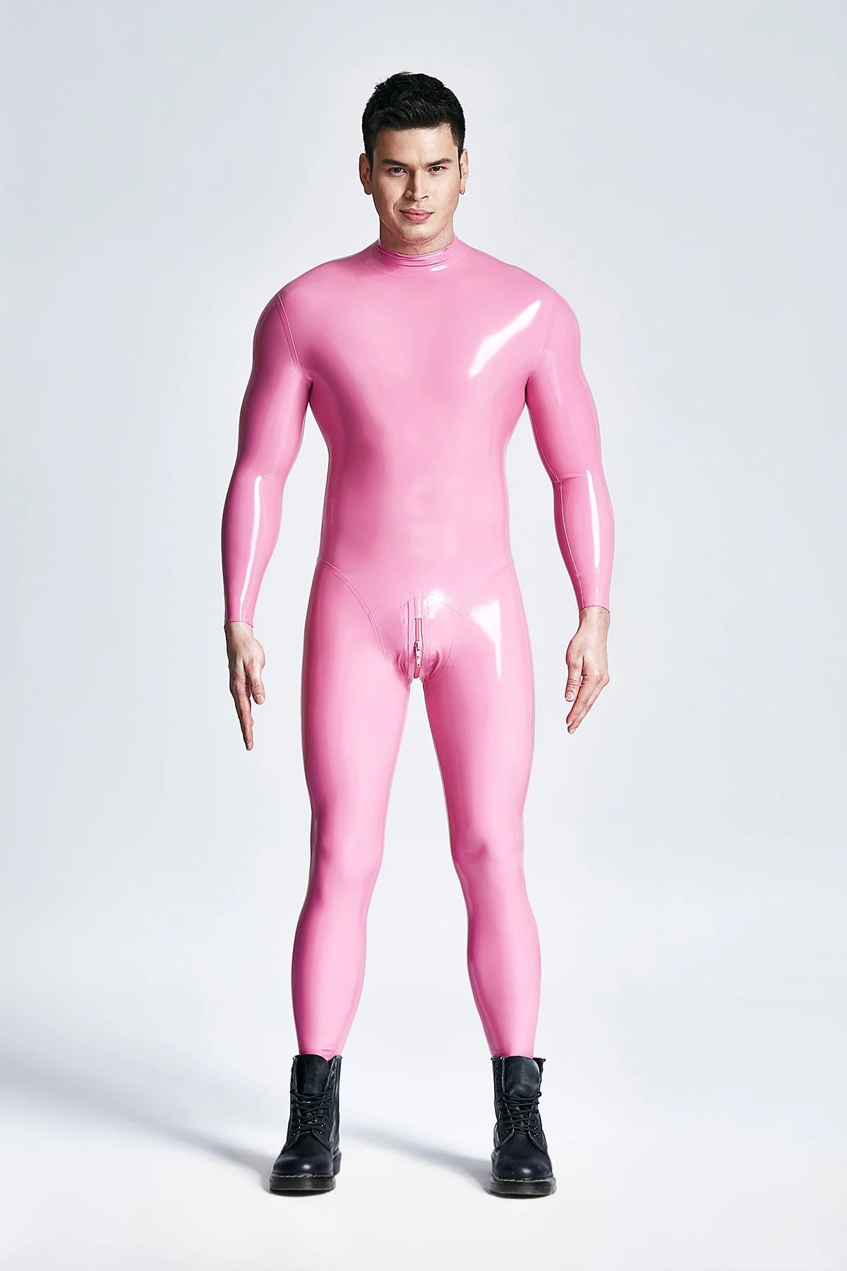 Orange  & Pink  & Metallic Gold Male Standard Back Zip Latex Catsuit