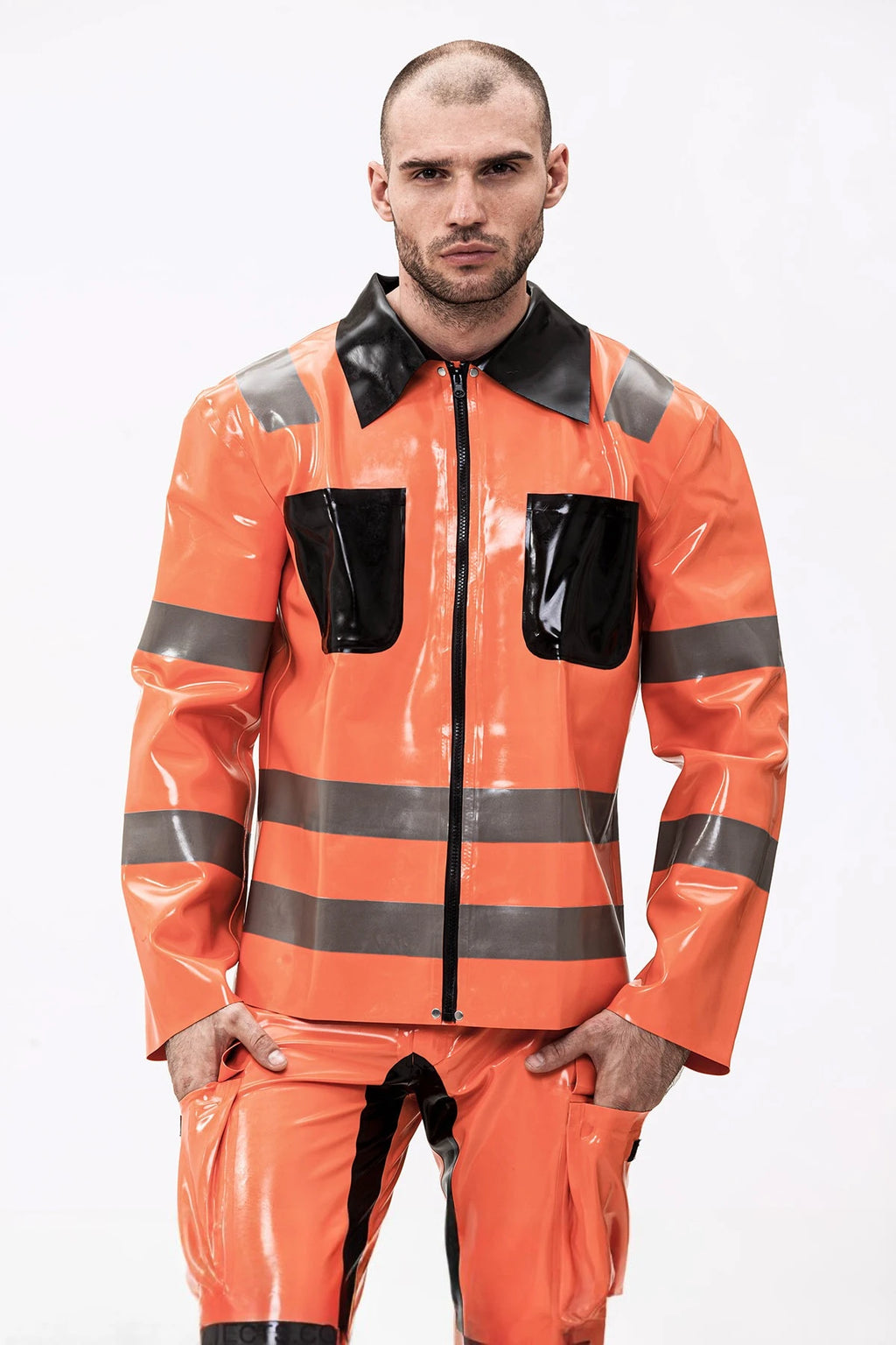 Orange Male Fireman Style Uniform Latex Jacket