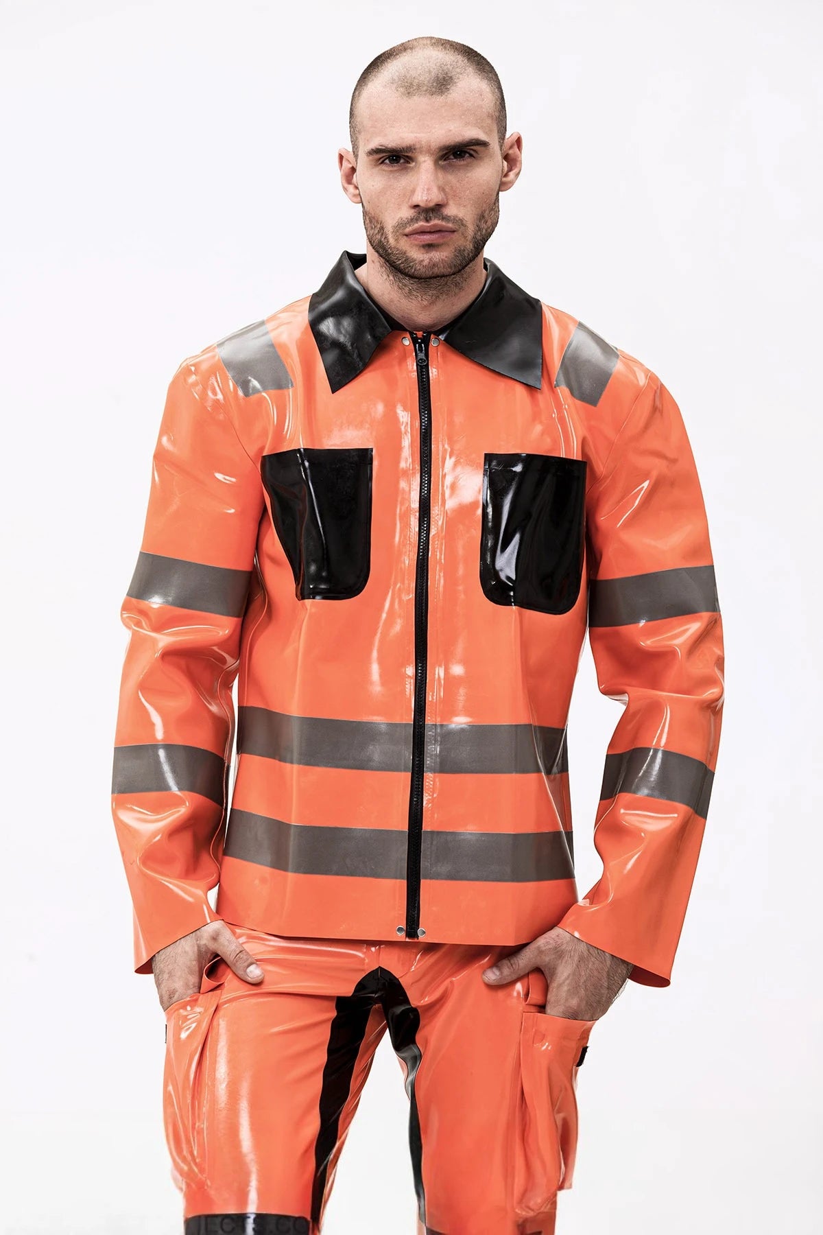 Orange Male Fireman Style Uniform Latex Jacket