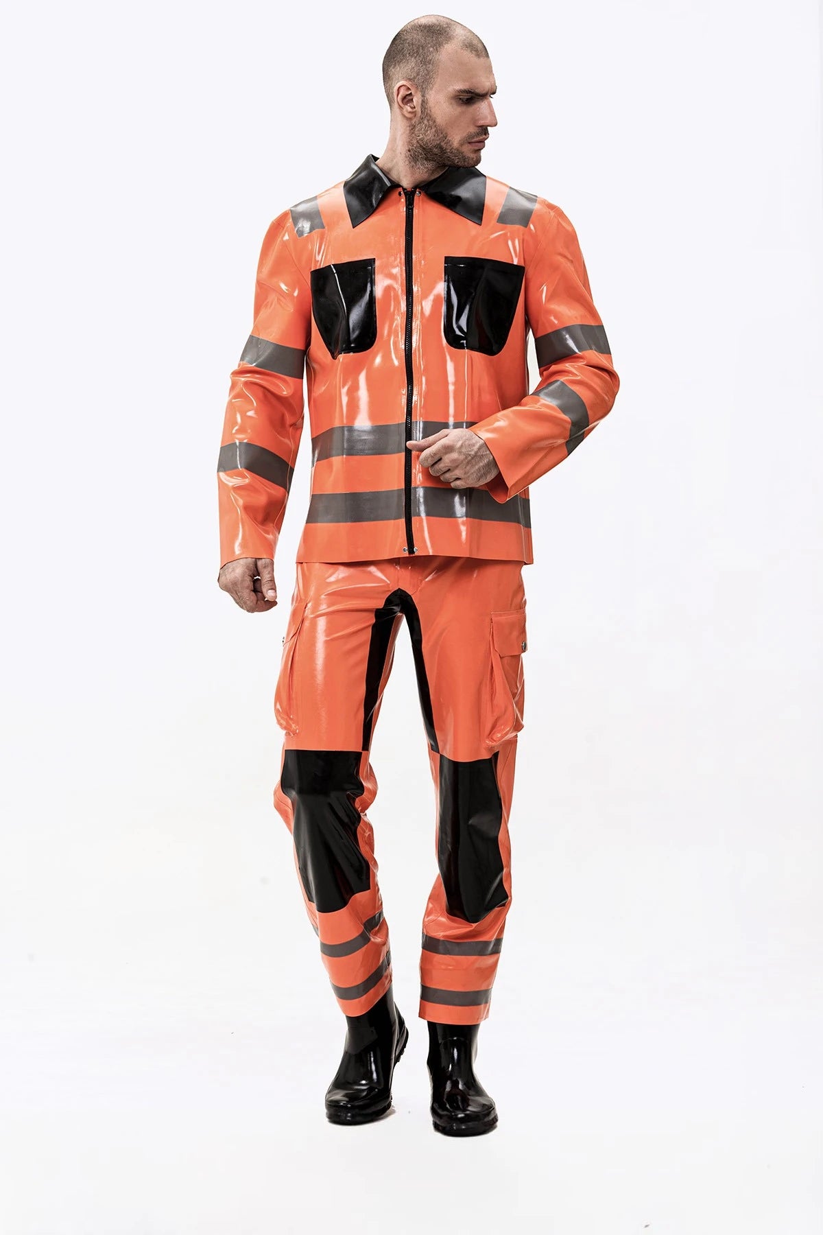 Orange Male Fireman Style Uniform Latex Jacket