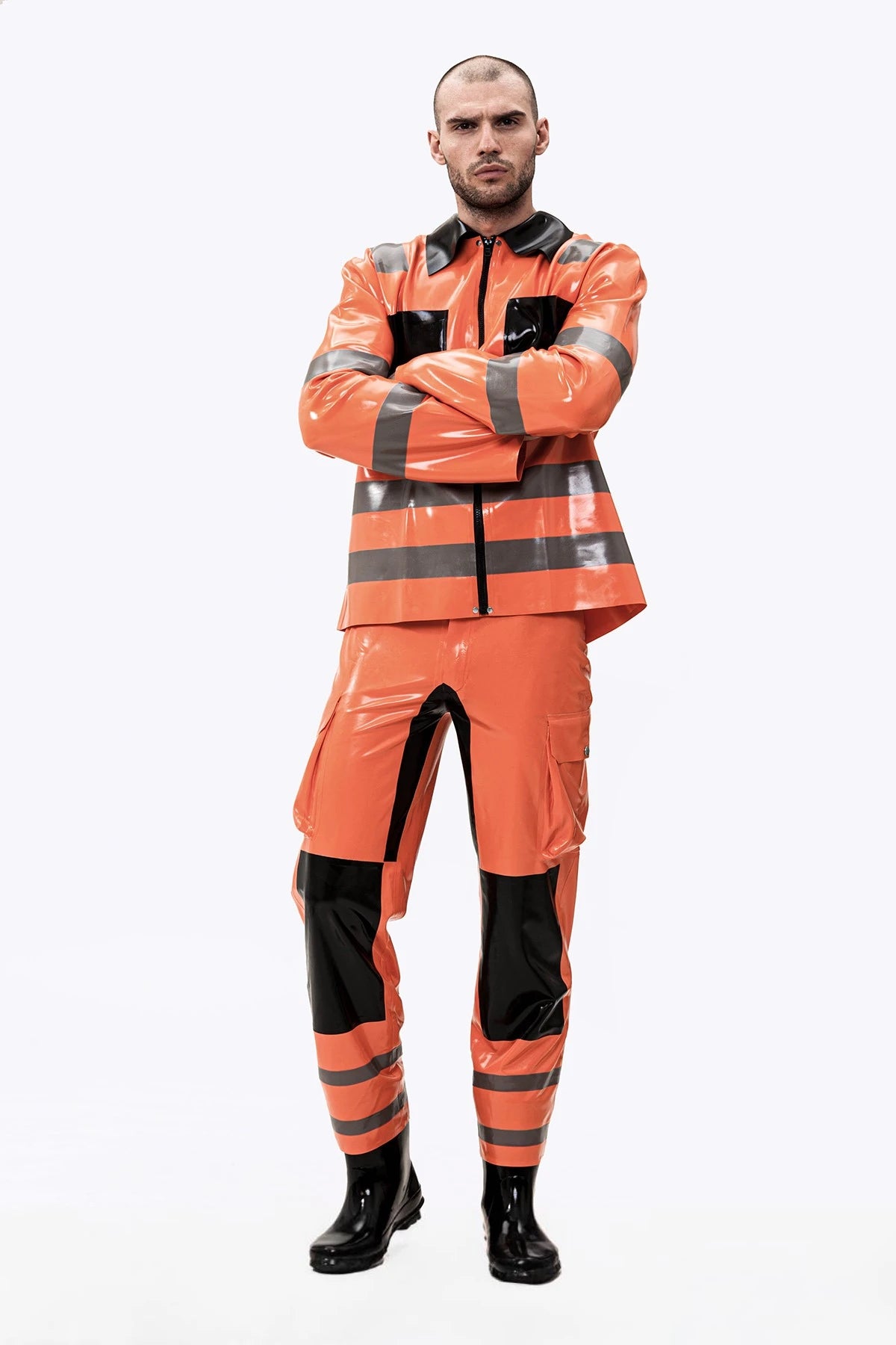 Orange Male Fireman Style Uniform Latex Jacket