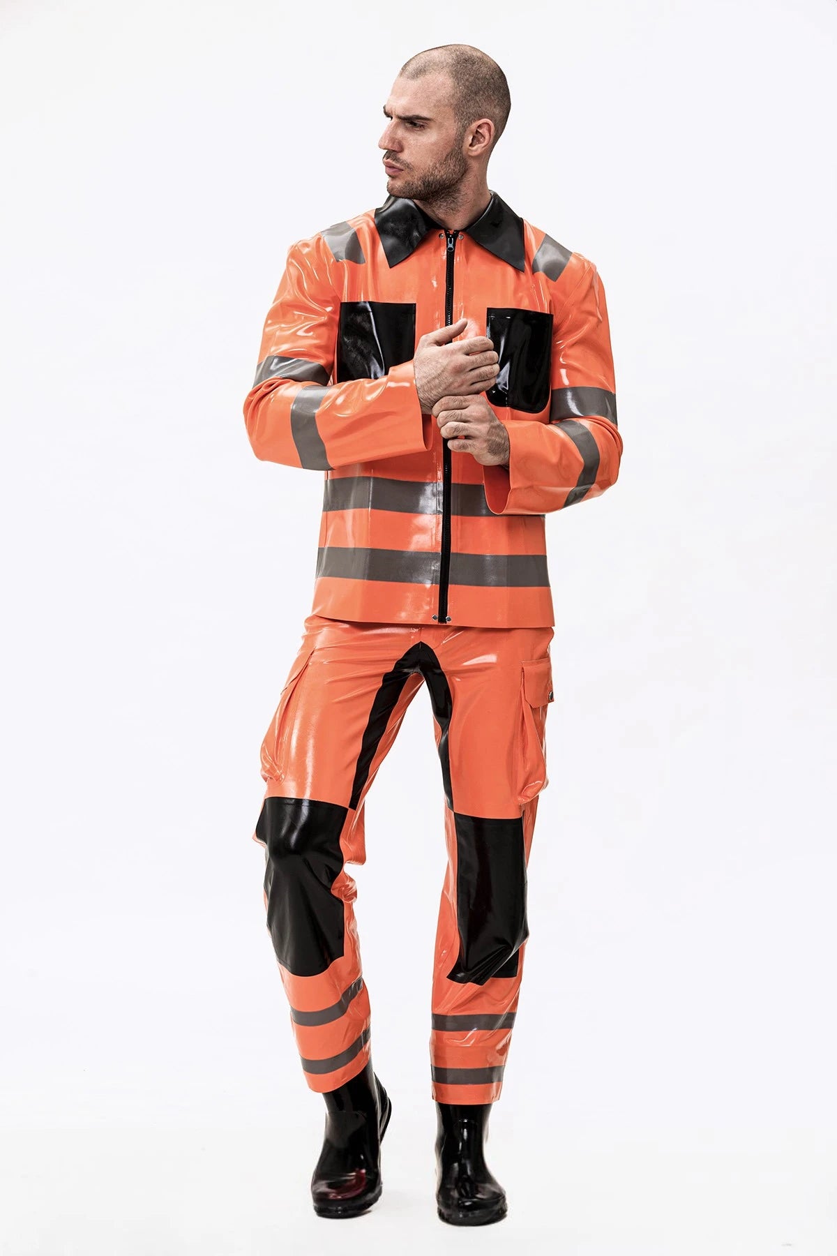 Orange Male Fireman Style Uniform Latex Jacket