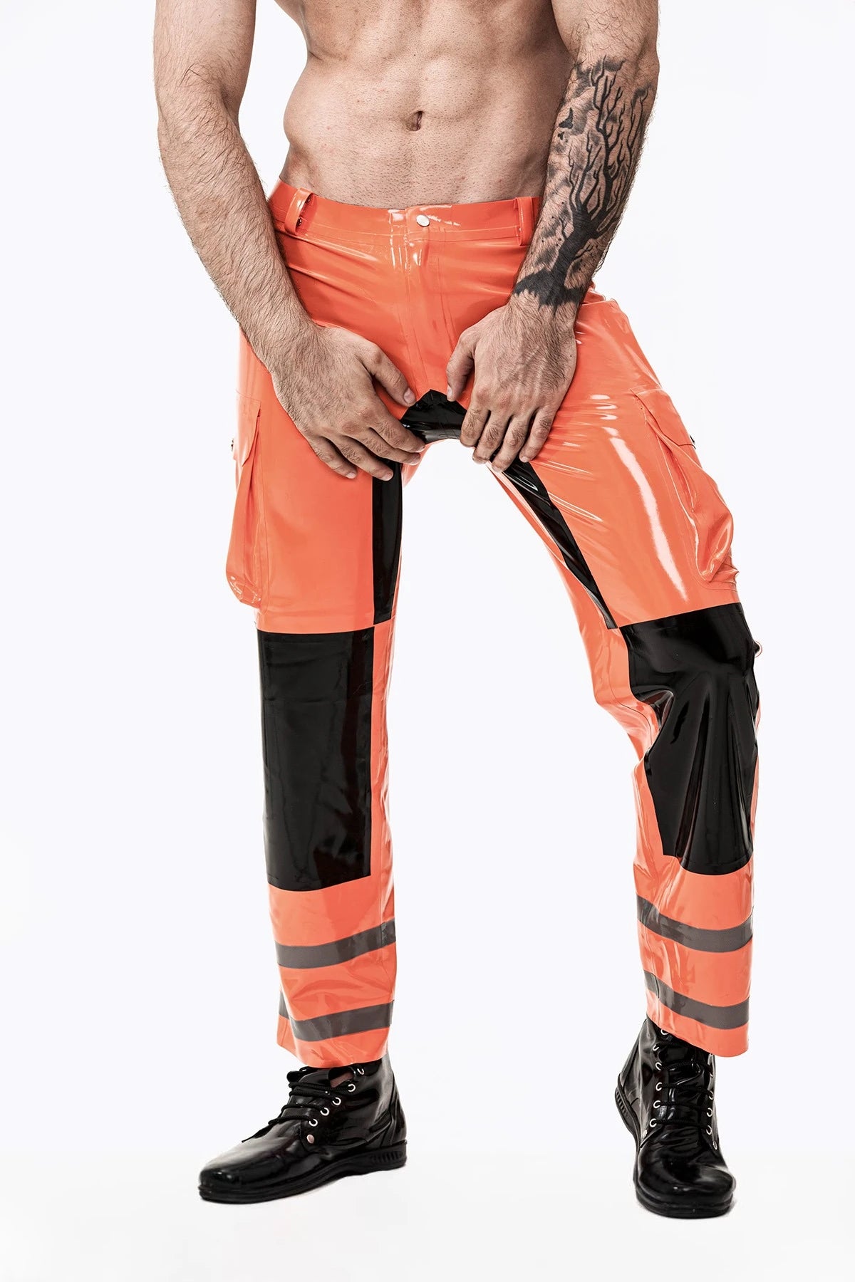 Orange Male Fireman Style Latex Uniform Pants