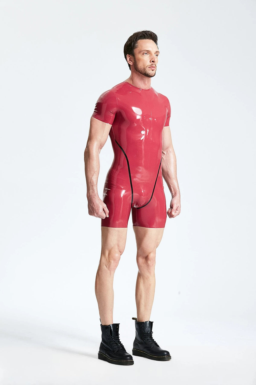 Plum, trim color is Black Male Latex Collarless Short-sleeved Surfsuit