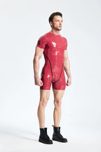 Plum, trim color is Black Male Latex Collarless Short-sleeved Surfsuit