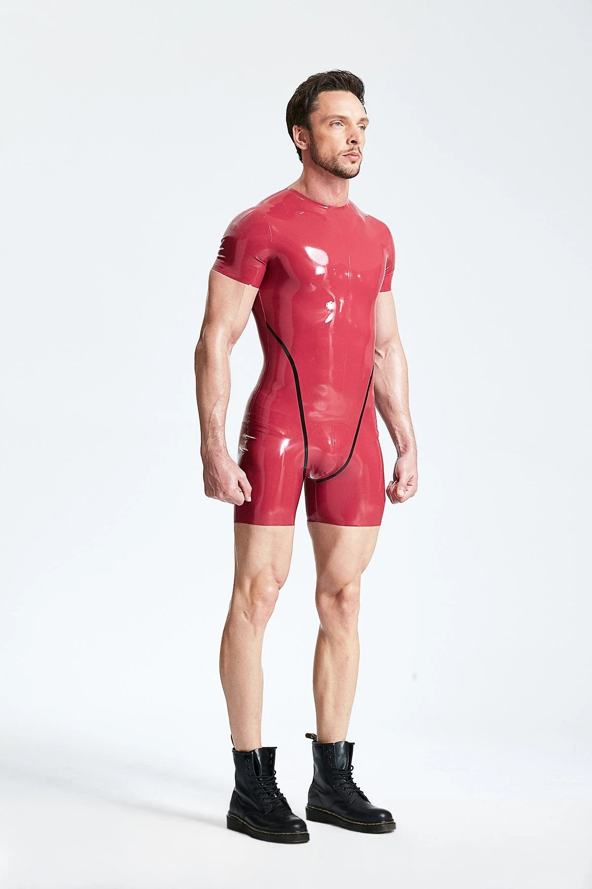 Plum, trim color is Black Male Latex Collarless Short-sleeved Surfsuit