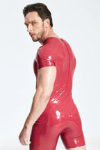 Plum, trim color is Black Male Latex Collarless Short-sleeved Surfsuit