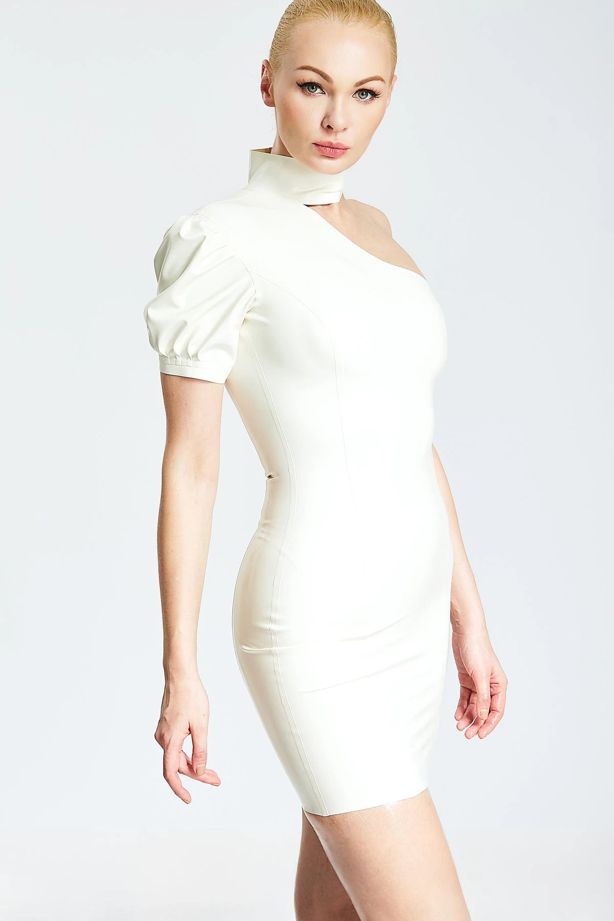 Pure White 'Alicia' Asymmetric One-Shoulder Latex Mini Dress