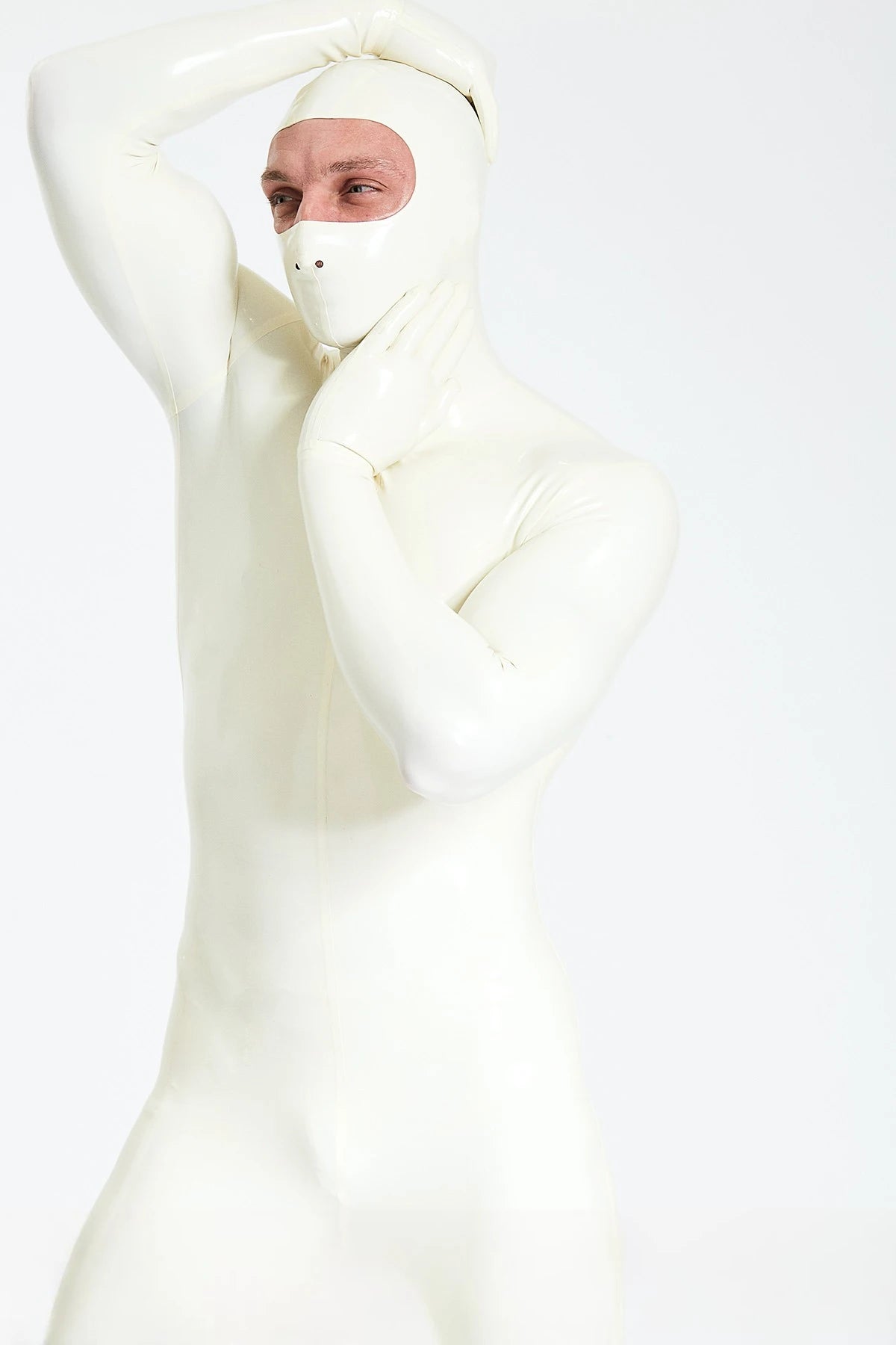 Pure White Male Eyes-entry Zipperless 'Gimp' Latex Catsuit