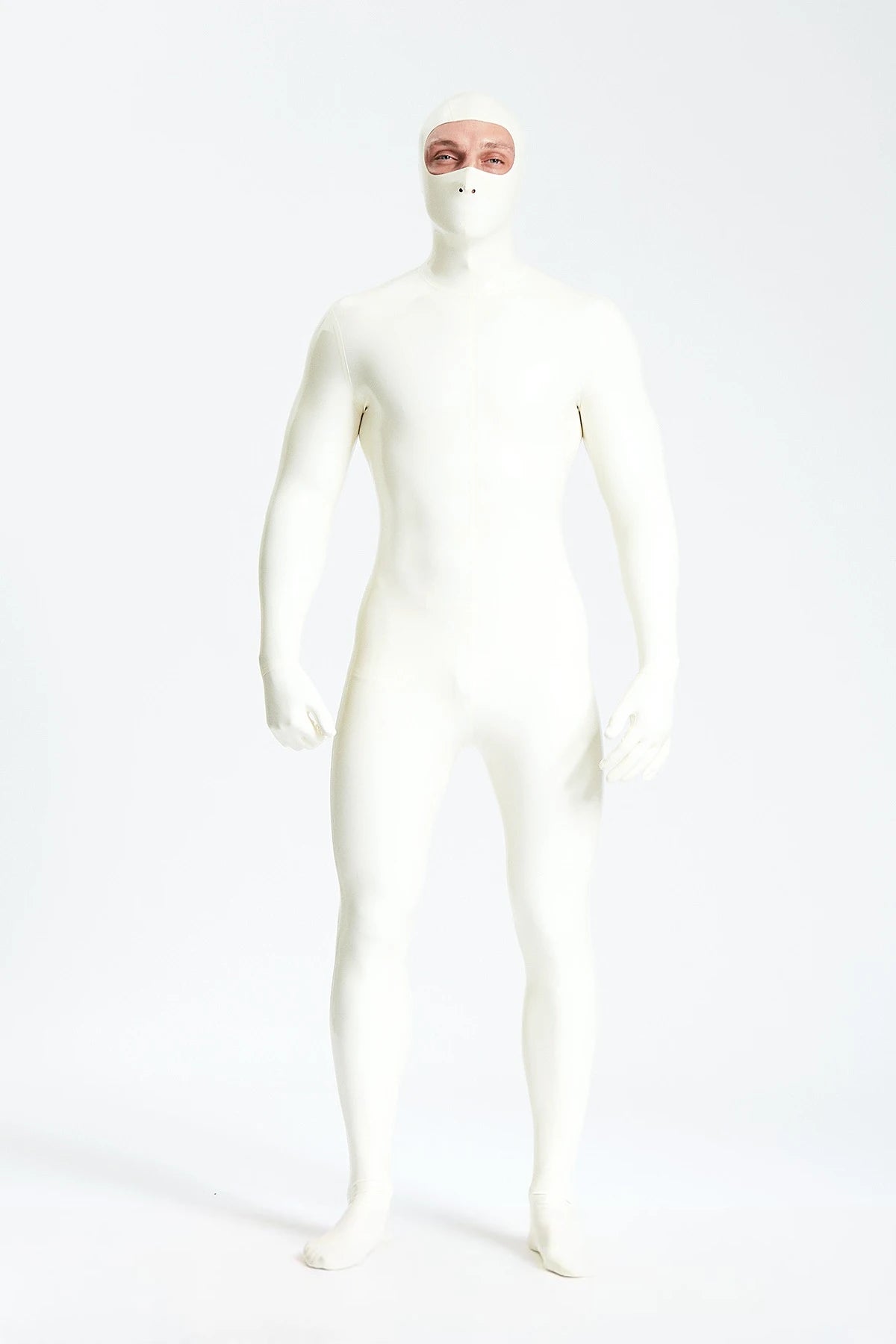 Pure White Male Eyes-entry Zipperless 'Gimp' Latex Catsuit