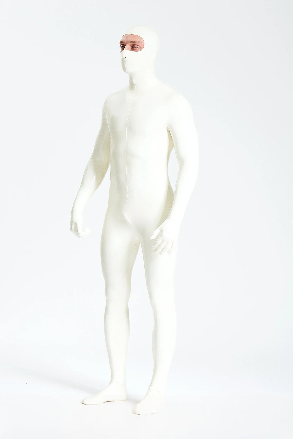 Pure White Male Eyes-entry Zipperless 'Gimp' Latex Catsuit