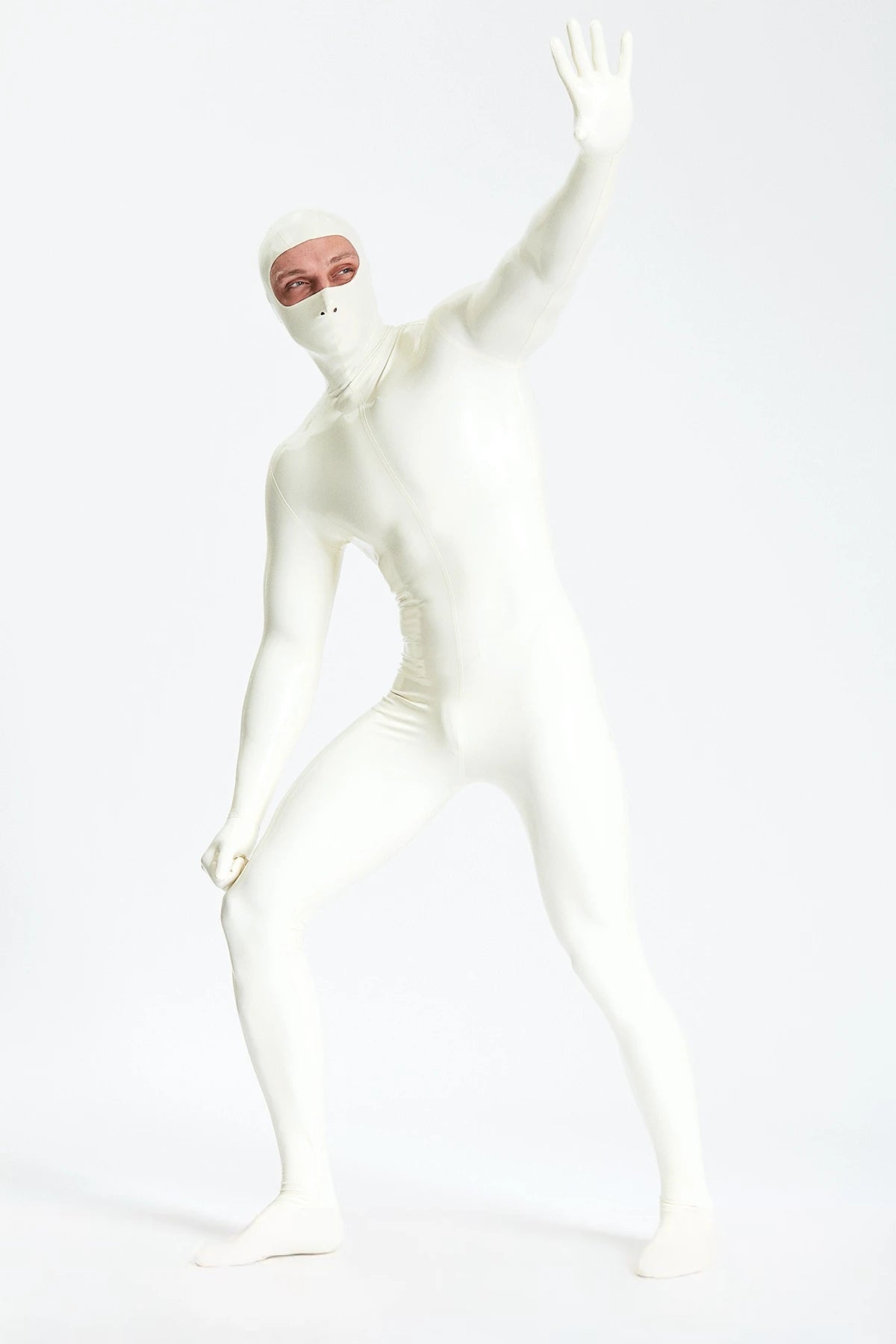 Pure White Male Eyes-entry Zipperless 'Gimp' Latex Catsuit