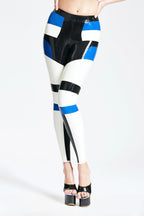 Pure White, trim1 is Black, trim2 is Middle Blue Tri-Color Latex Tights