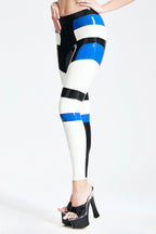 Pure White, trim1 is Black, trim2 is Middle Blue Tri-Color Latex Tights