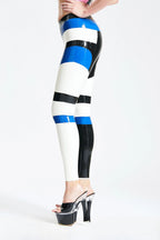Pure White, trim1 is Black, trim2 is Middle Blue Tri-Color Latex Tights