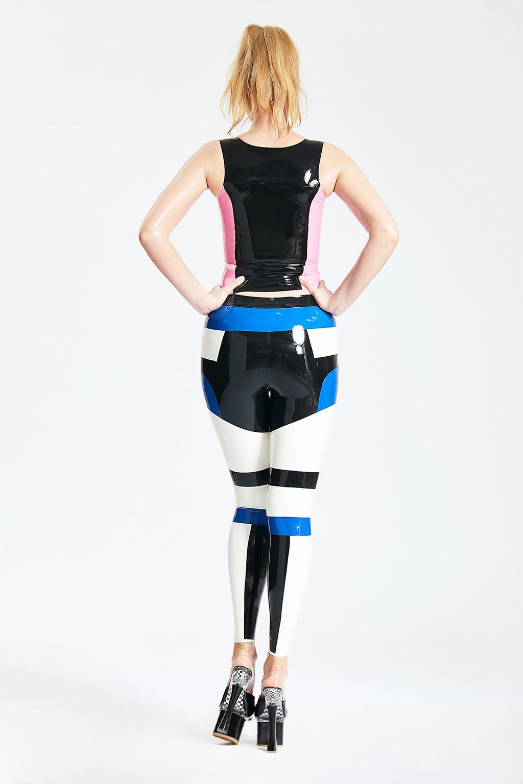 Pure White, trim1 is Black, trim2 is Middle Blue Tri-Color Latex Tights