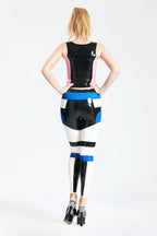 Pure White, trim1 is Black, trim2 is Middle Blue Tri-Color Latex Tights