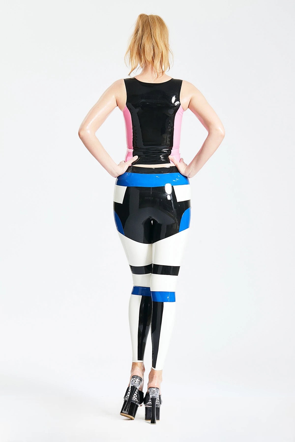 Pure White, trim1 is Black, trim2 is Middle Blue Tri-Color Latex Tights