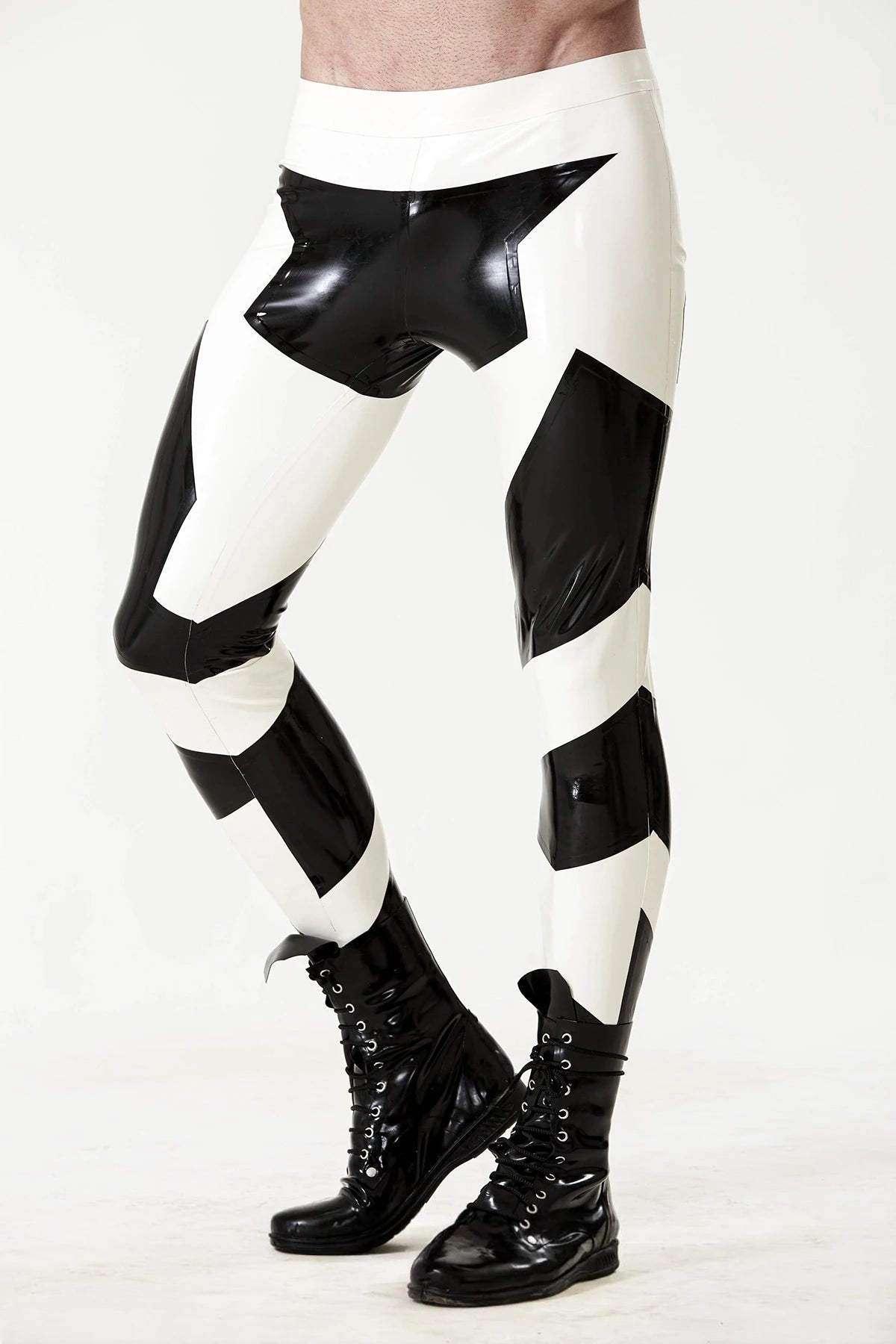 Pure White Male Low-Waisted Two-Colour Latex Leggings