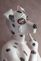 Pure White, trim color is Black Unisex ''Dalmatian' Pup Latex Hood