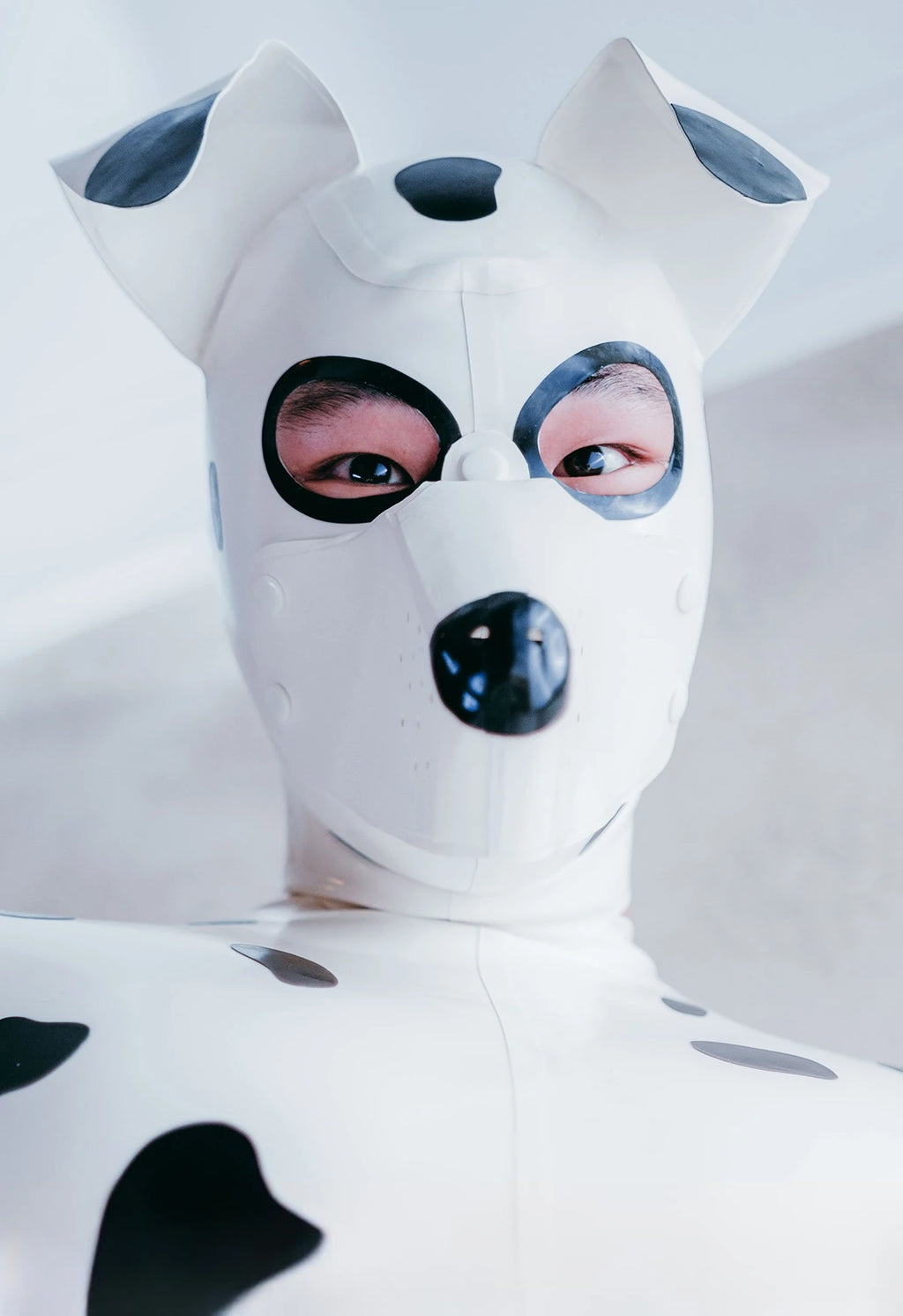 Pure White, trim color is Black Unisex ''Dalmatian' Pup Latex Hood