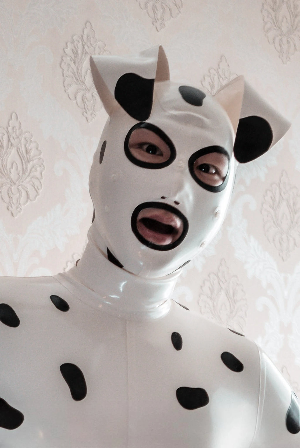 Pure White, trim color is Black Unisex ''Dalmatian' Pup Latex Hood