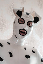 Pure White, trim color is Black Unisex ''Dalmatian' Pup Latex Hood