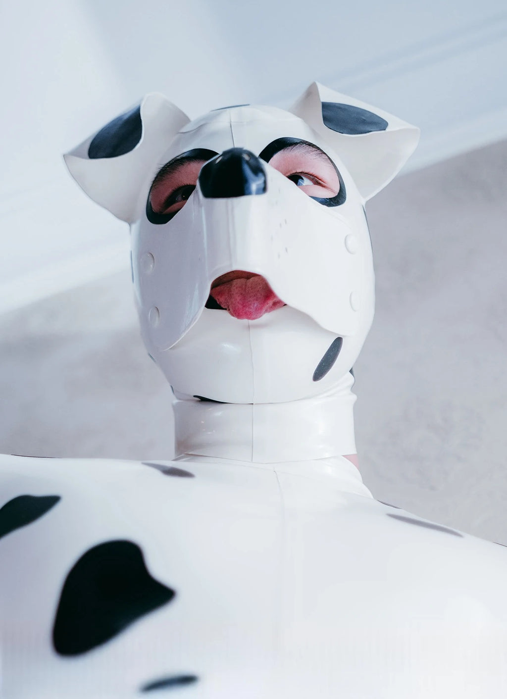 Pure White, trim color is Black Unisex ''Dalmatian' Pup Latex Hood